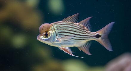 A silver tropical fish with black vertical stripes and a prominent forehead hump swimming in deep blue water