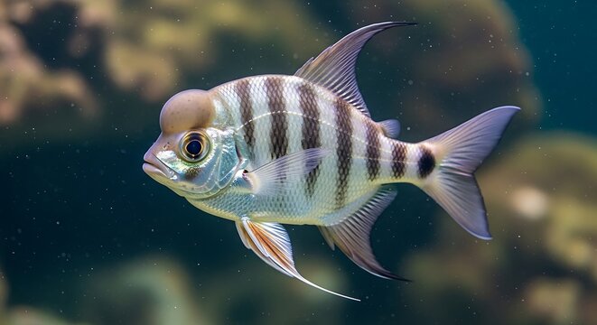A silver tropical fish with black vertical stripes and a prominent forehead hump swimming in deep blue water