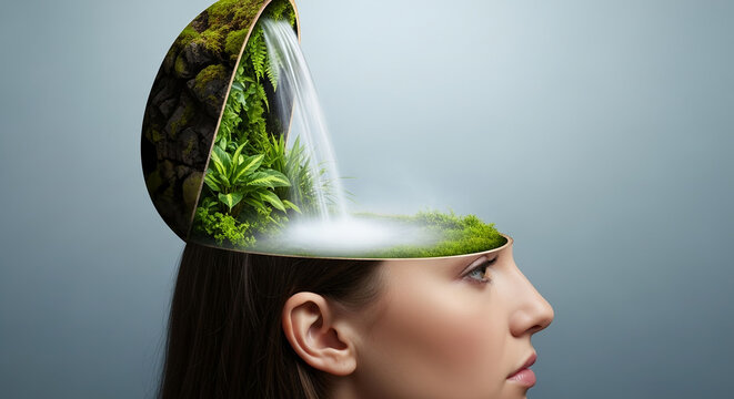 Woman with Open Mind Revealing Nature Waterfall Inside &ndash; Mental Wellness, Mindfulness and Inner Peace Concept