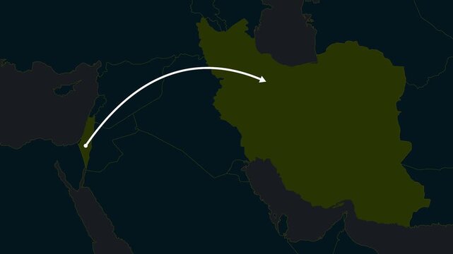 4K Map Animation Showing Israel Fighter Jet Route To Iran With White Arrow Line Indicating Distance And Military Strike Concept