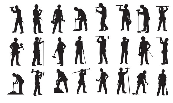 Worker in different poses vector solid fill