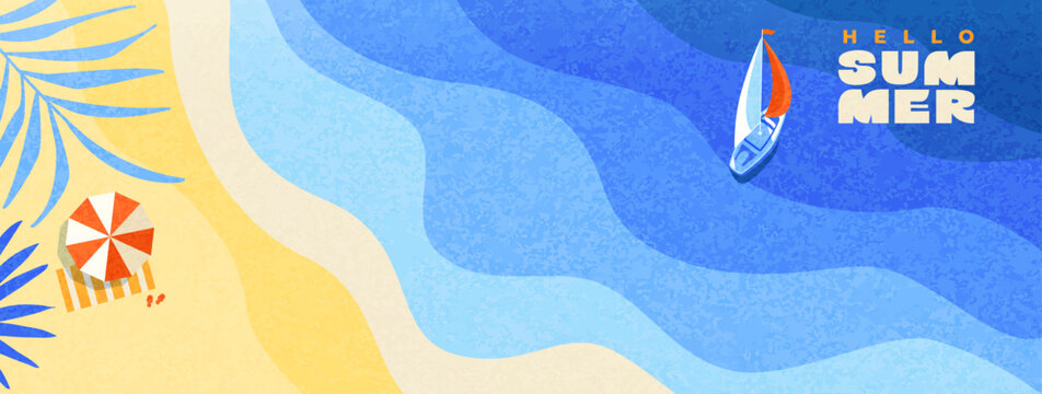 Greeting summer textured banner. Wavy sea, beach with sand, yacht for great holiday. Happy summer theme. Bright positive vibe design. Template for sales, posters, covers, ads. Vector illustration.