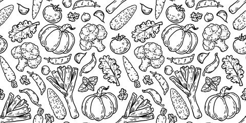 Obraz premium Organic food sketch doodles . Fruits and vegetables seamless pattern. Whimsical food doodles. Hand drawn vector illustration for menu, packaging design. Simple sketch style. Top view. Simply fun