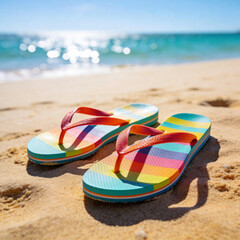 Obraz premium Flip flops on tropical beach minimal scene