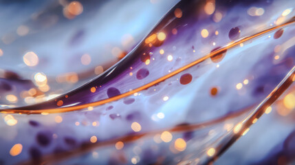 Soft waves ripple in iridescent blue and violet hues. Golden lights shimmer like scattered sparks across the surface. Fluid motion suggests a liquid or glowing fabric in motion. Abstract yet organic