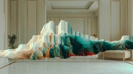 Fototapeta premium Opulent room features a surreal, colorful mountain sculpture. Abstract peaks blend teal, white, and coral hues. Minimalist furniture contrasts with the vivid, textured terrain