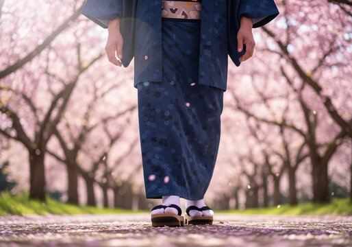 Lower Body View Of Man In Blue Patterned Kimono Walking On Path Covered In Petals