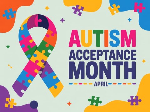 Autism acceptance month awareness graphic with colorful puzzle pieces and ribbon on light green background