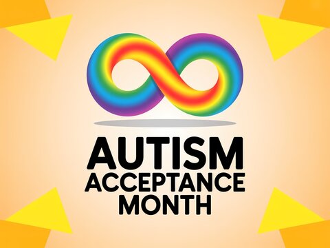 Autism acceptance month awareness symbol with rainbow infinity loop on orange background