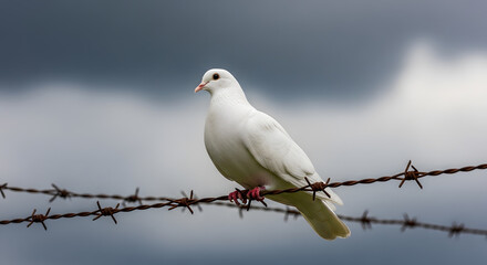 Obraz premium White Dove Perched on Rusty Barbed Wire Fence | Symbol of Peace and Hope in Conflict | Dramatic Stormy Sky Background with Dark Clouds | Concept of Freedom and Liberation Amidst War Struggle