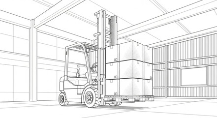 Forklift Lifting Pallet in Warehouse Sketch Illustration. © Agos