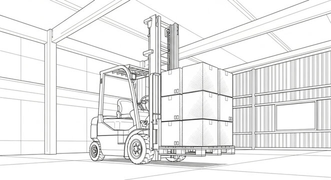 Forklift Lifting Pallet in Warehouse Sketch Illustration.