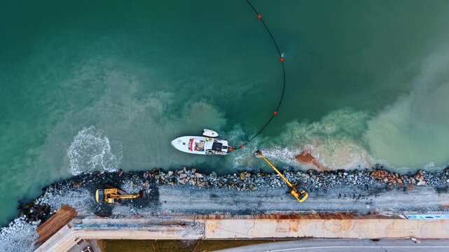 Aerial top view of coastal dredging and shore reinforcement works. Excavators on rocky shore with boat and floating silt curtain in turquoise water.