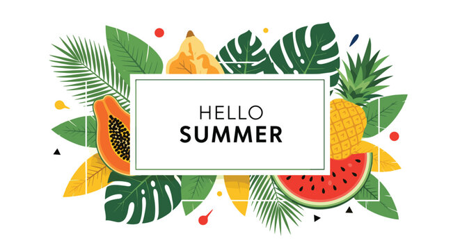 Bright summer banner features the text Hello Summer surrounded by tropical fruits like papaya, pineapple, and watermelon.