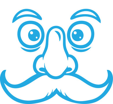 Blue cartoon face with wide eyes big nose and mustache