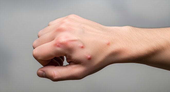 Human hand with red raised bumps and papules