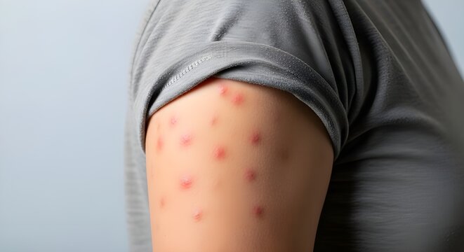 Multiple red spots and lesions on upper arm