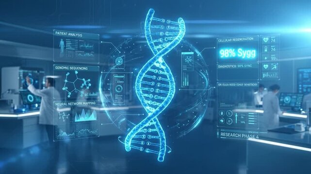 DNA strand genetic research laboratory scientist utilizing futuristic technology for data analysis, patient genomic sequencing, neural network mapping, cellular regeneration, and advanced medical