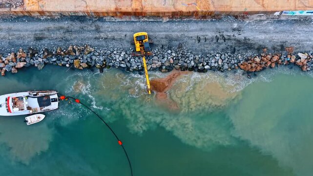 Aerial top view of excavator working on rocky coastline. Yellow excavator on a stone pier near a boat with sediment in turquoise water.