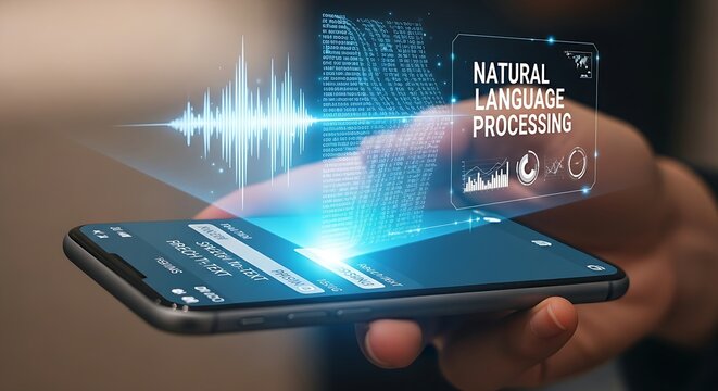 Natural Language Processing (NLP) concept. A hand holds a smartphone with a hologram showing voice waves transforming into text and being analyzed by AI, representing chatbot and voice assistant tech.