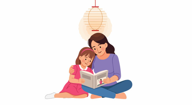 Mother and daughter reading a book together under a lantern, illustration of family bonding and education