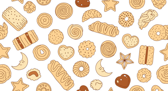 Delicious pattern of assorted hand-drawn cookies and sweet biscuits including stars, hearts, and crescent moons on white.