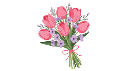 Fototapeta premium Elegant floral bouquet consisting of pink tulips and delicate purple blossoms tied with a pink ribbon on a white background.