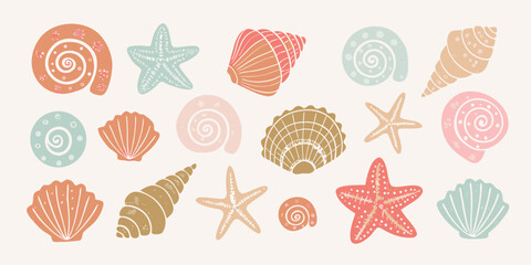 Colorful illustration of various seashells and starfish on a pale background © Sunil123