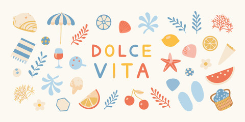 Colorful illustration depicting summer elements and the phrase dolce vita © Sunil123