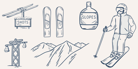 Skiing themed sketch featuring equipment mountains and a skier © Sunil123