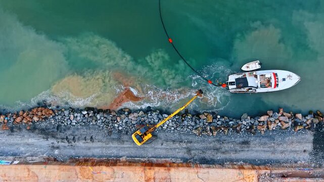 Aerial view of coastal dredging with excavator and vessel. Heavy machinery working on a rocky shore with a boat and floating barrier in green water.