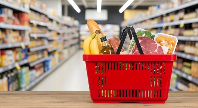 Red shopping basket filled with fresh bread, fruit, and groceries placed on a wooden table with blurred supermarket background.