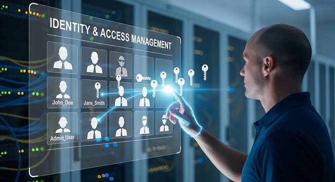 Identity and Access Management (IAM) concept. An IT admin uses a holographic dashboard to assign key permissions to user profiles, representing corporate security and access control.