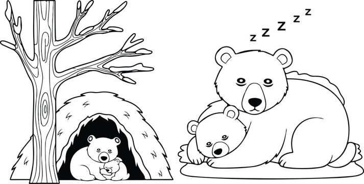 Cute cartoon sleeping bears in den in winter vector coloring page. Bear mom with her cub . Coloring book of forest animals for kids