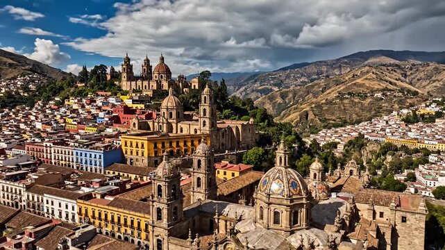 Colonial town with ornate cathedrals nestled in scenic mountain landscape