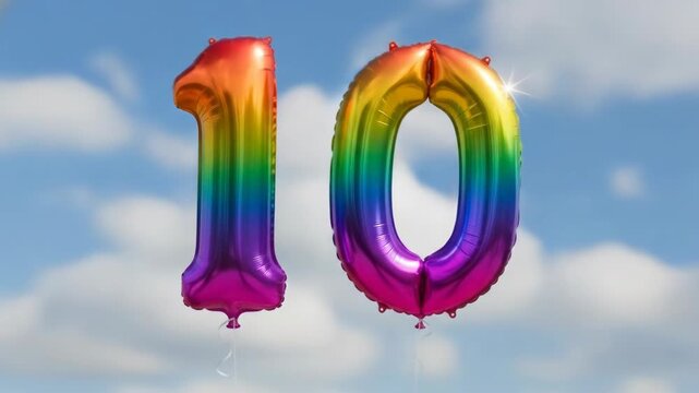 A rainbow-colored helium balloon in the shape of the number 10 floats against a bright blue sky with fluffy white clouds