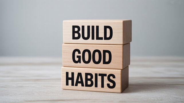 A stack of wooden blocks with motivational words to build good habits