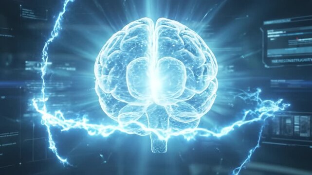Digital brain holographic projection with electric energy and neural network synaptic activity, showcasing futuristic artificial intelligence technology and digital 3D data visualization glowing