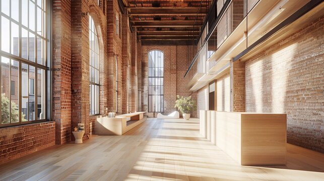 Light streams into a renovated brick loft, showcasing wooden accents, large windows, & open space