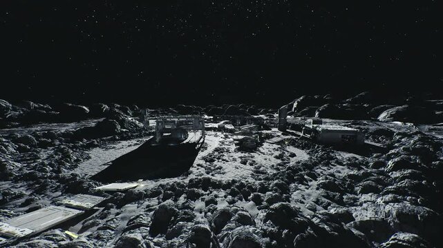 lunar observatory under starfield with mounted telescope array scanning deep sky, antenna clusters, instrument consoles and crisp horizon line for astrophysical