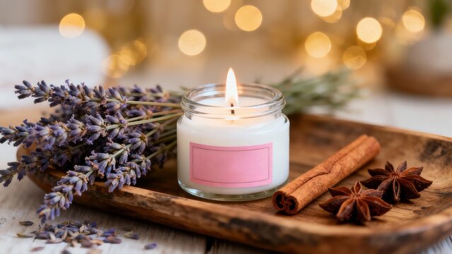 White scented candle in glass jar with pink label placed on wooden tray surrounded by dried lavender flowers, cinnamon sticks and star anise with warm golden bokeh lights creating spa-like