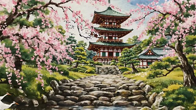 Tranquil Japanese Garden Scene Viewed Through a Wooden Gate Toward Stone Steps and Lush Blooming Greenery