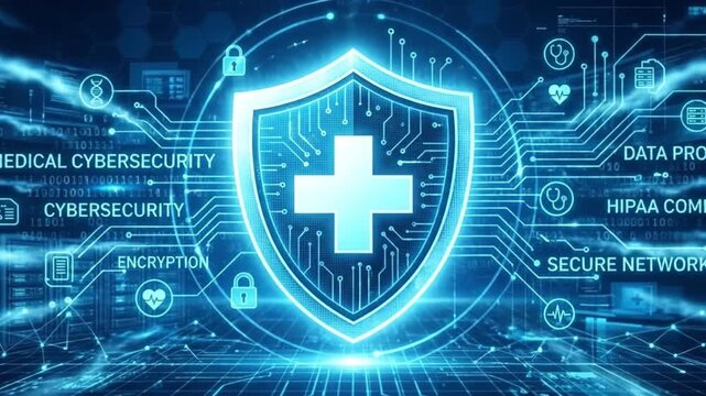 Medical cybersecurity shield with encryption and secure network protecting data in healthcare technology HIPAA compliant digital cross symbol representing advanced protection and security