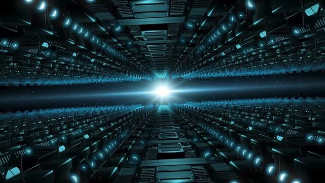 A high-tech 3D render of glowing blue data streams and circuitry inside a futuristic corridor.