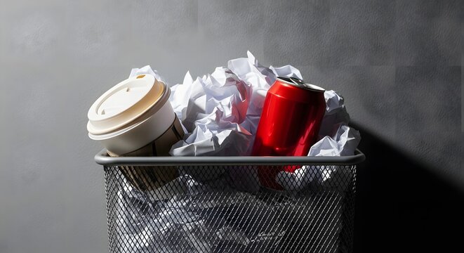A full trash can contains a disposable coffee cup and a red soda can among crumpled paper