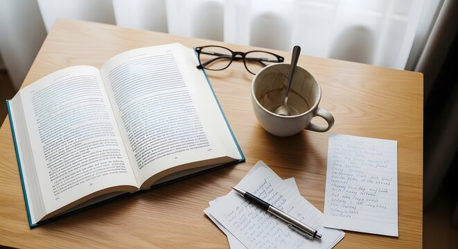 An open book with reading glasses a pen and a coffee cup on a wooden table