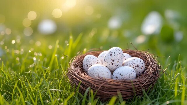 Natural bird nest with speckled quail eggs resting in fresh green grass illuminated by warm sunrise light. Peaceful spring wildlife scene symbolizing nature and new life.