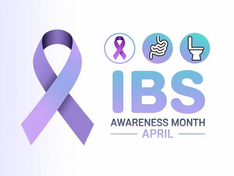 Ibs awareness month purple ribbon icon with purple gradient text on white background