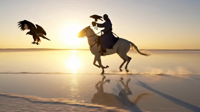 Cinematic low-angle tracking shot: a falconer on a white arabian stallion gallops across a golden salt flat at sunrise with a golden eagle in flight.