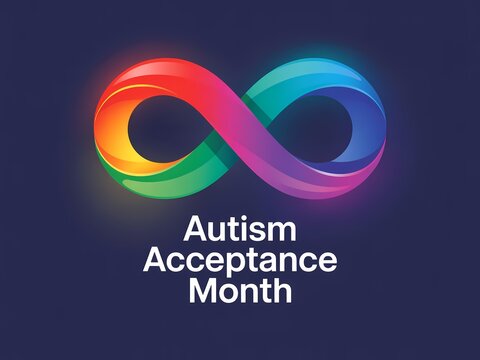 Autism acceptance month awareness symbol with colorful infinity sign on dark blue background